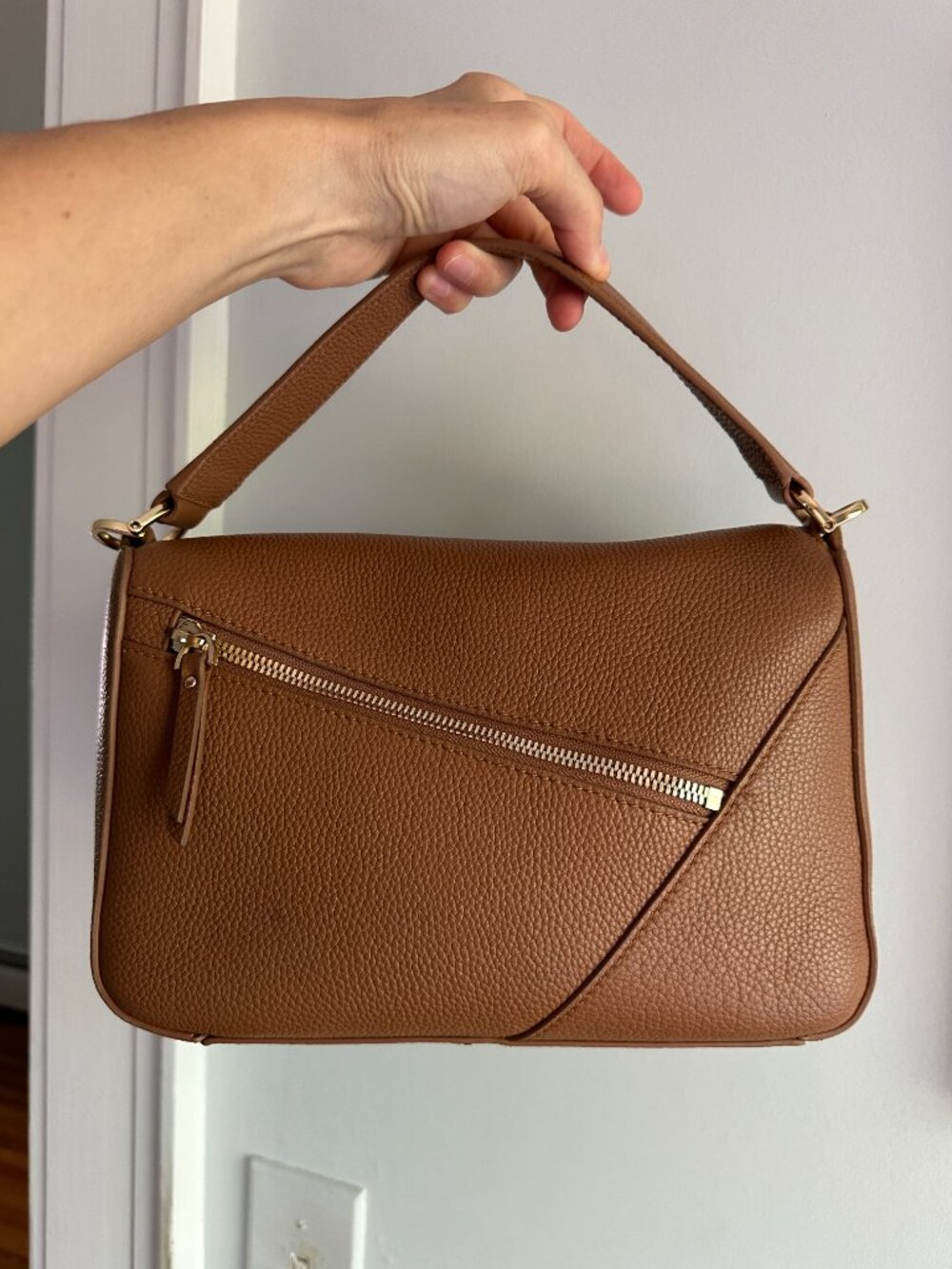 Quince Italian Leather Patchwork Crossbody Bag Cognac Color - Picture 3 of 16